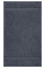 A grey guest towel featuring a textured surface with two decorative stripes. The towel has a branding logo.
