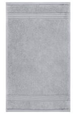 A grey hand towel with textured stripes, featuring a logo. Soft and absorbent, perfect for personal use.