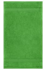 A green guest towel with textured stripes. The towel has a soft, plush appearance and features a logo.