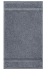 A grey guest towel with subtle striped detailing, suitable for health and personal use. Features a logo.