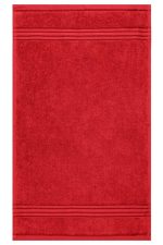 A red guest towel with a textured finish and decorative stripes along the edges. It features a logo.