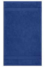 A navy blue guest towel with a textured design and a subtle stripe pattern. Includes a branding logo.