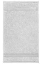A grey guest towel with a textured design and two subtle stripes. It features a branding logo.
