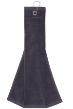 A dark grey golf towel with a hook for easy attachment, featuring a textured fabric for effective drying.