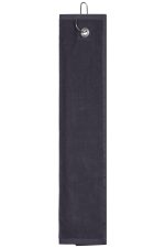 A black golf towel with a hanging loop and metallic attachment, designed for convenience on the course.