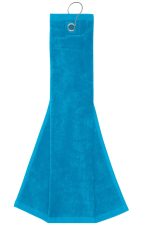 A turquoise golf towel with a hook for attachment, featuring a simple, solid colour design.