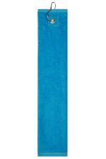 A turquoise golf towel featuring a hook for easy attachment. It has a soft, textured surface and an embroidered logo.