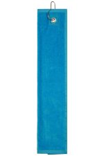 A bright blue golf towel with a grommet and hook for easy attachment. Suitable for golf accessories.