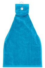 A bright blue golf towel with a loop for attachment. It is soft and has a textured surface.