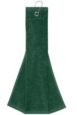 A green golf towel with a hanging loop, featuring a soft texture and an elongated design.