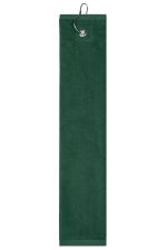 A green golf towel featuring a hanging loop and branding at the top. Ideal for staying dry on the course.