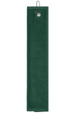 A green golf towel with a metal clip at the top for attachment. It has a simple design without any logos.