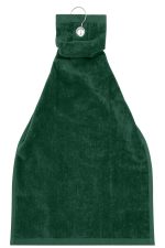 A green golf towel with a hanging loop at the top and a soft, textured surface.