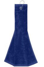 A navy blue golf towel with a hook, featuring a smooth textured surface.