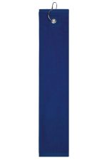 A navy golf towel with a metal grommet for easy attachment. It has a simple design and is suitable for golfing activities.