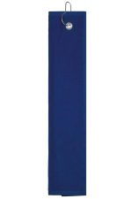A navy golf towel featuring a hook for attachment. The towel is designed for golfing use.