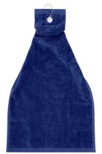 A navy blue golf towel with a loop for hanging and a soft texture. Designed for use on the golf course.
