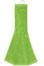 A bright green golf towel featuring a hook for easy attachment. Soft fabric designed for drying and cleaning.