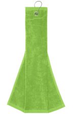 A bright green golf towel with a hanging loop at the top. Features a simple design and soft texture.