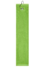 A green golf towel featuring a hook for easy attachment. The fabric appears soft and absorbent.