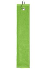 A green golf towel with a hook for easy attachment. It has a plain design and is suitable for golf enthusiasts.