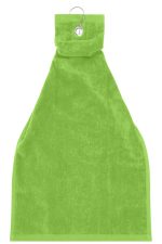 A green golf towel with a loop for hanging and a soft, absorbent texture. It features a logo.