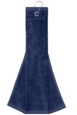 A navy golf towel with a hanging loop, featuring a textured surface and a folded design.