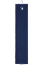 A navy golf towel with a hanging loop, designed for use on the golf course.