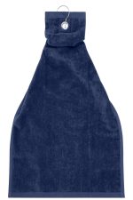 A navy golf towel with a hanging loop, designed for easy attachment. Soft and absorbent fabric.