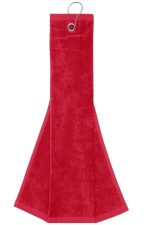 A red golf towel with a loop for hanging. The towel is soft and features a branded logo.