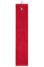 A red golf towel featuring a hanging loop for easy attachment. It has a smooth, plush texture.