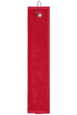 A red golf towel with a metal grommet at the top for hanging.