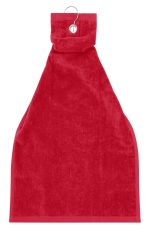 A red golf towel featuring a hanging loop and a branded logo near the top.