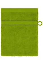 A green flannel towel with a textured surface and a hanging loop at the top. It features a decorative trim.