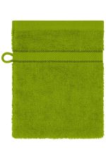 A green flannel towel with a loop for hanging and textured surface. Features stitching across the middle.