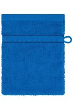A blue flannel towel with a loop for hanging and two decorative bands on the top.