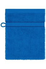 A blue flannel with a textured surface and a loop for hanging. It features a two-stripe design across the middle.