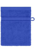 A blue flannel towel featuring a textured surface and a hanging loop for convenience.