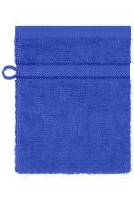 A blue flannel towel with a loop for hanging, featuring a textured surface and a simple design.