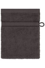A dark grey flannel towel with a textured surface and a loop for hanging. It features a simple, clean design.