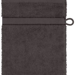 A dark grey flannel towel with a textured surface and a loop for hanging. It features a simple, clean design.