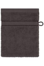 A dark grey towel featuring a textured surface and a loop for hanging. It has a simple, elegant design.