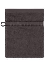 A dark grey towel with a textured surface and a loop for hanging. The towel features a horizontal band across the top.