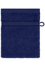 A navy blue flannel towel featuring a textured finish and a loop for hanging. It has a simple design with an accompanying logo.