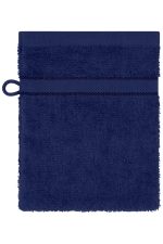 A navy blue flannel towel with a textured surface and a hanging loop at the top.