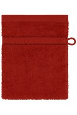A red flannel towel with a loop for hanging and a textured surface. It features a horizontal band near the top.