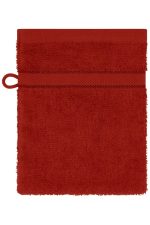 A red flannel towel with a textured surface and a loop for hanging. Features a simple, solid design.