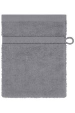 A grey towel with a textured surface and a loop for hanging, featuring a stitched band. It has a plain design.