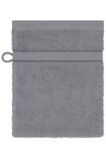 A grey flannel towel with a loop for hanging, featuring textured edges.