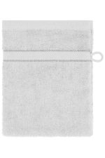A grey towel featuring a textured design and a hanging loop. It has a simple, neutral appearance.